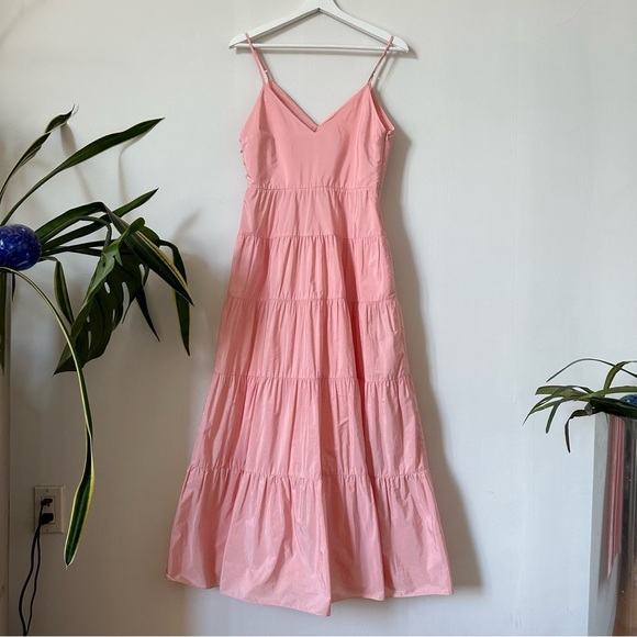 Maje Romeo TrapezeTiered Taffeta Sleeveless Midi Dress In Rose Pale Size EU 38/M - Picture 6 of 15